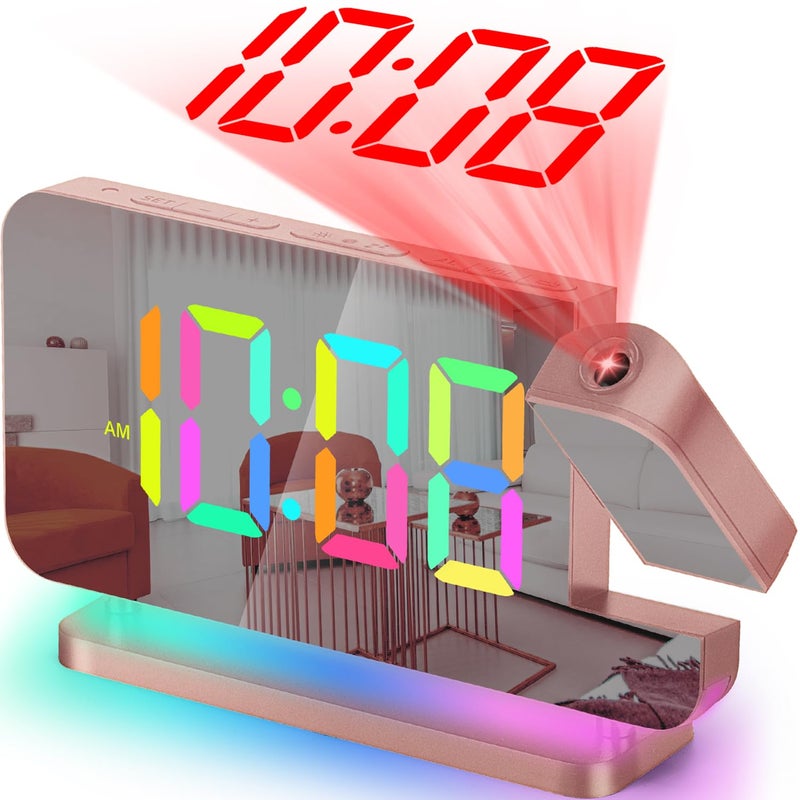 SZELAM Projection Alarm Clock 7.4 in LED Mirror Digital Clocks Projection on Ceiling Wall with RGB Night Light USB C Charging Port Auto Dimming Modern Desk Clock for Bedroom Decor - Rose Gold - Image 1